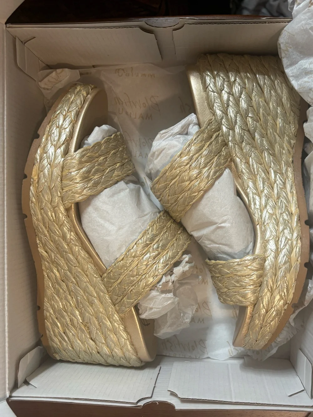 Metallic Gold Braided Platform Wedge Sandals - Women